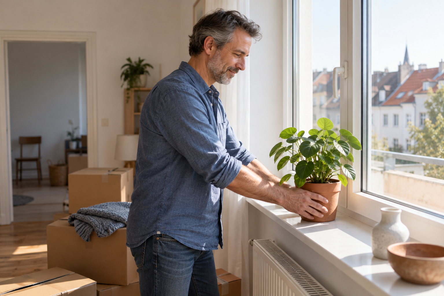 Ein Mann stellt eine Pflanze in einer neuen Wohnung ans Fenster
